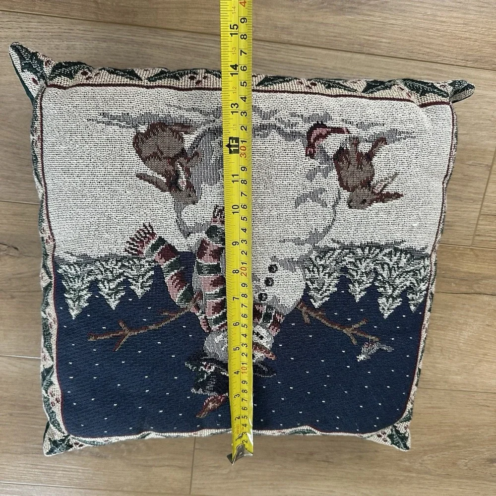 VTG 90s Christmas Tapestry Snowman Forest Throw Pillow 13x14 Cottagecore Country